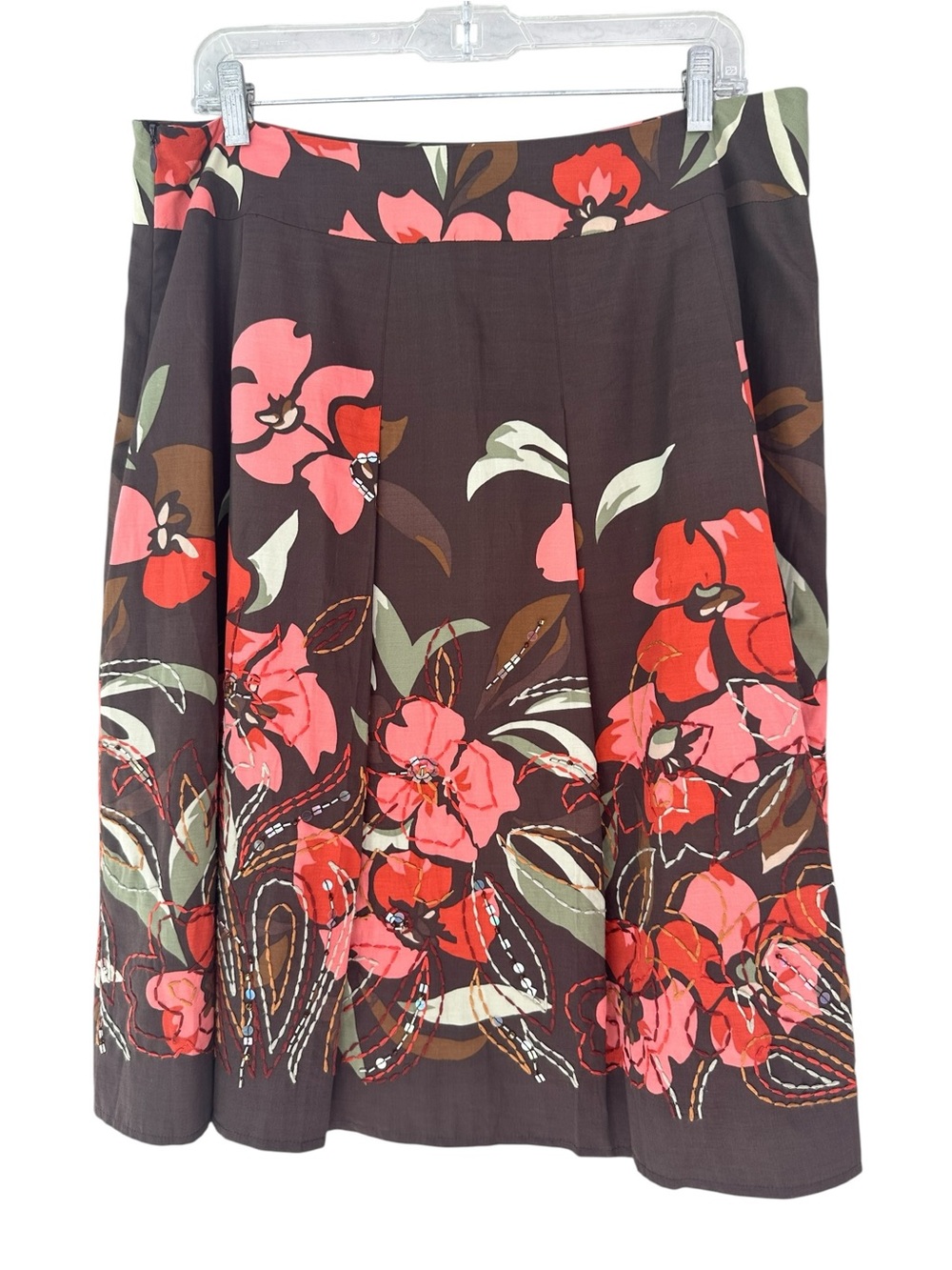 Talbots Brown Pleated Circle Skirt with Pink Embroidered Beaded Floral Print, 16 - Picture 3 of 13